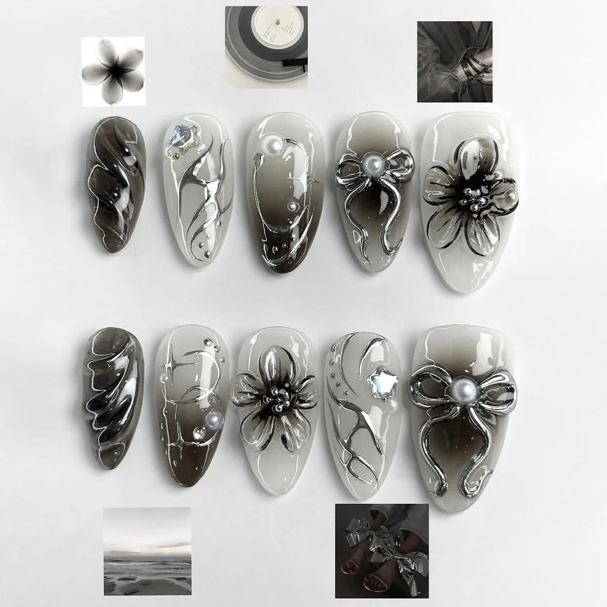 24 pièces faux ongles fille épicée arc argenté avec diamant