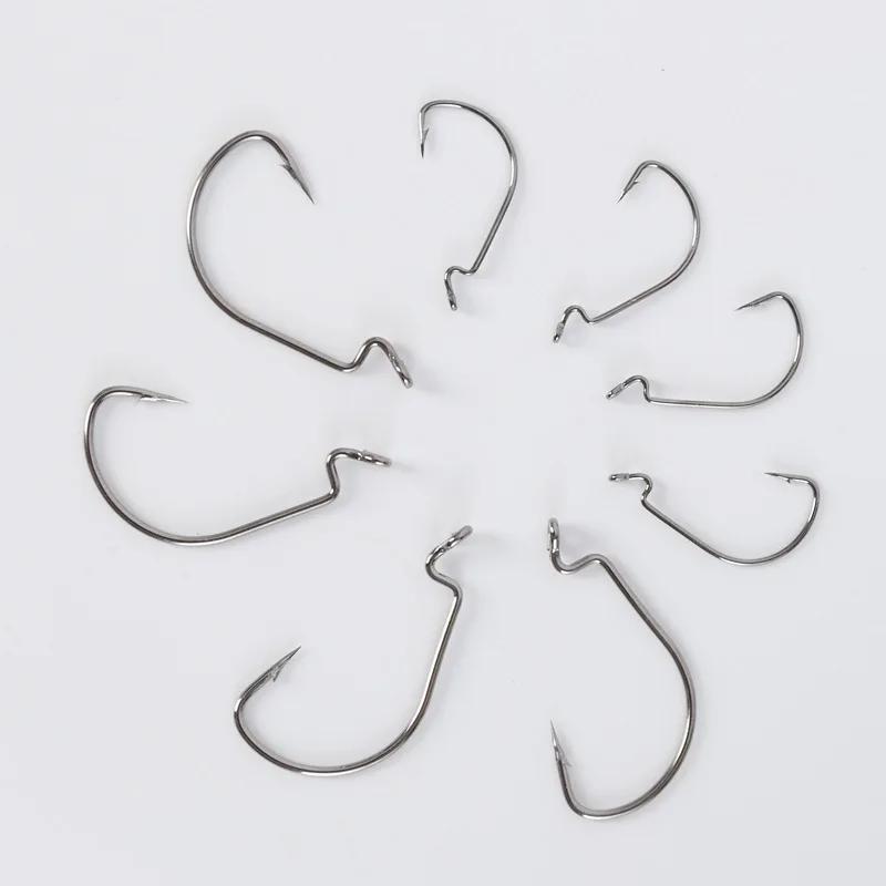 100 hameçons de pêche offset JYJ toutes tailles #5/0 à #8 - Acier carbone pour appâts souples grands yeux