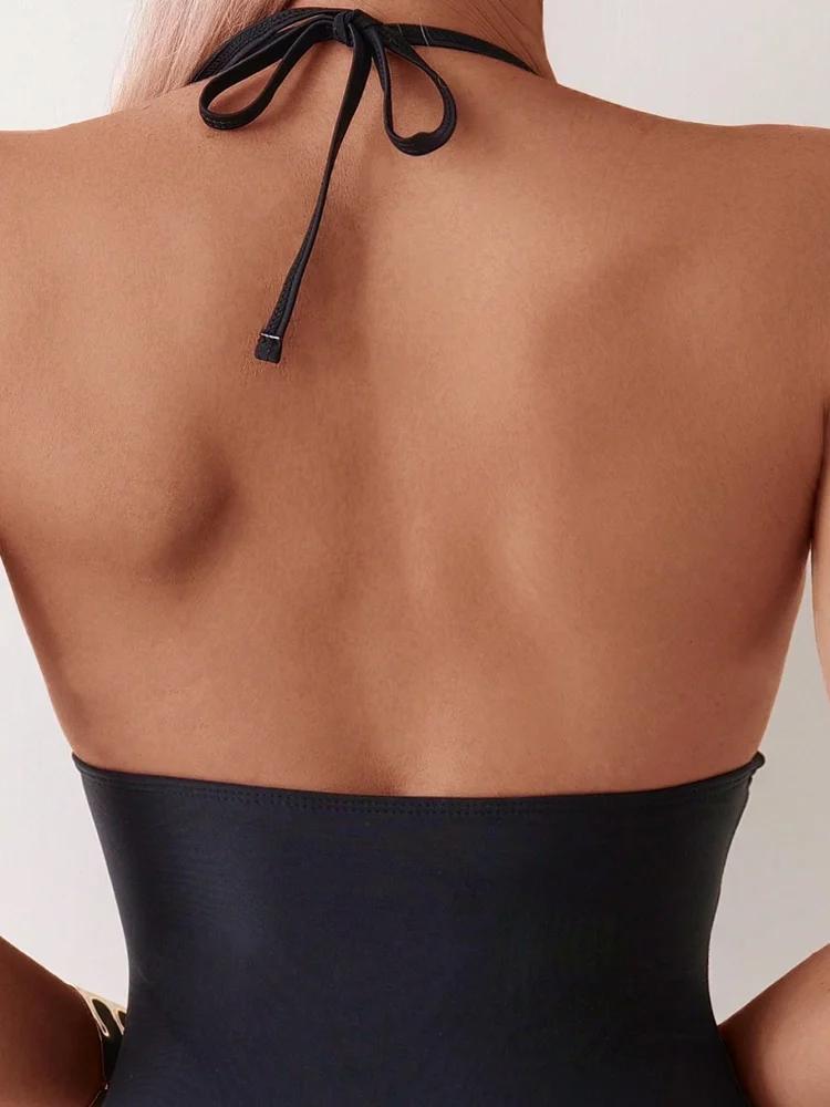 Maillot de bain une pièce noir licou sexy - Monokini col en V maille nouvelle collection 2026 femmes