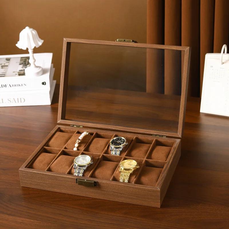 Boîte à montres en bois à 12 emplacements avec couvercle en verre