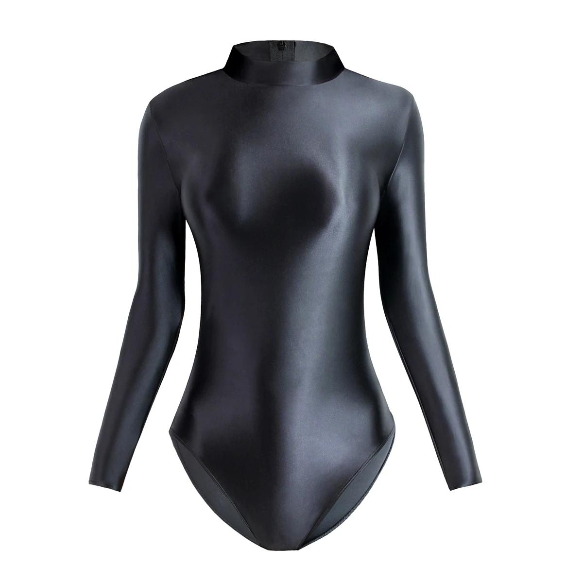 Maillot bain une pièce satin femme manches longues - Justaucorps sexy dos zip grande taille