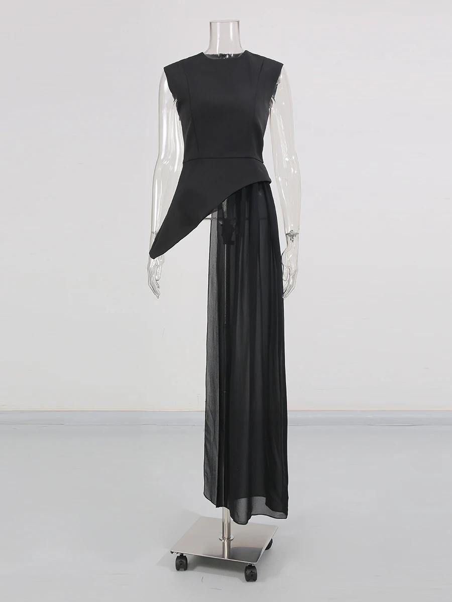TWOTWINSTYLE solide minceur épissé plis Blouses irrégulières pour les femmes col rond sans manches taille haute longue B