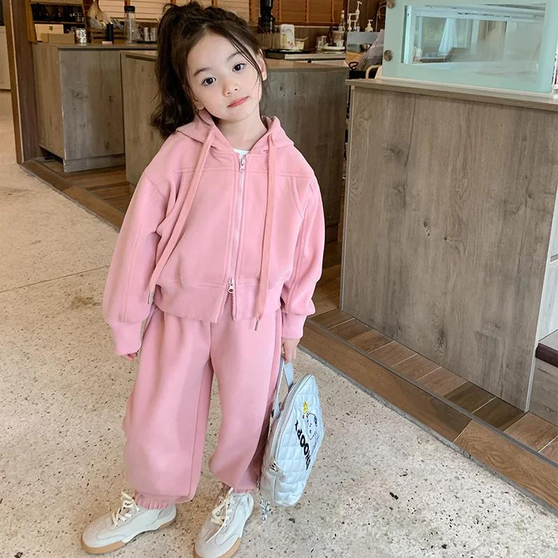 Ensemble de survêtement pour enfants garçon et fille, vêtements pour bébé, sweat-shirt uni d'automne avec lettres imprimées, sweat à capuche zippé et pantalon de sport ample