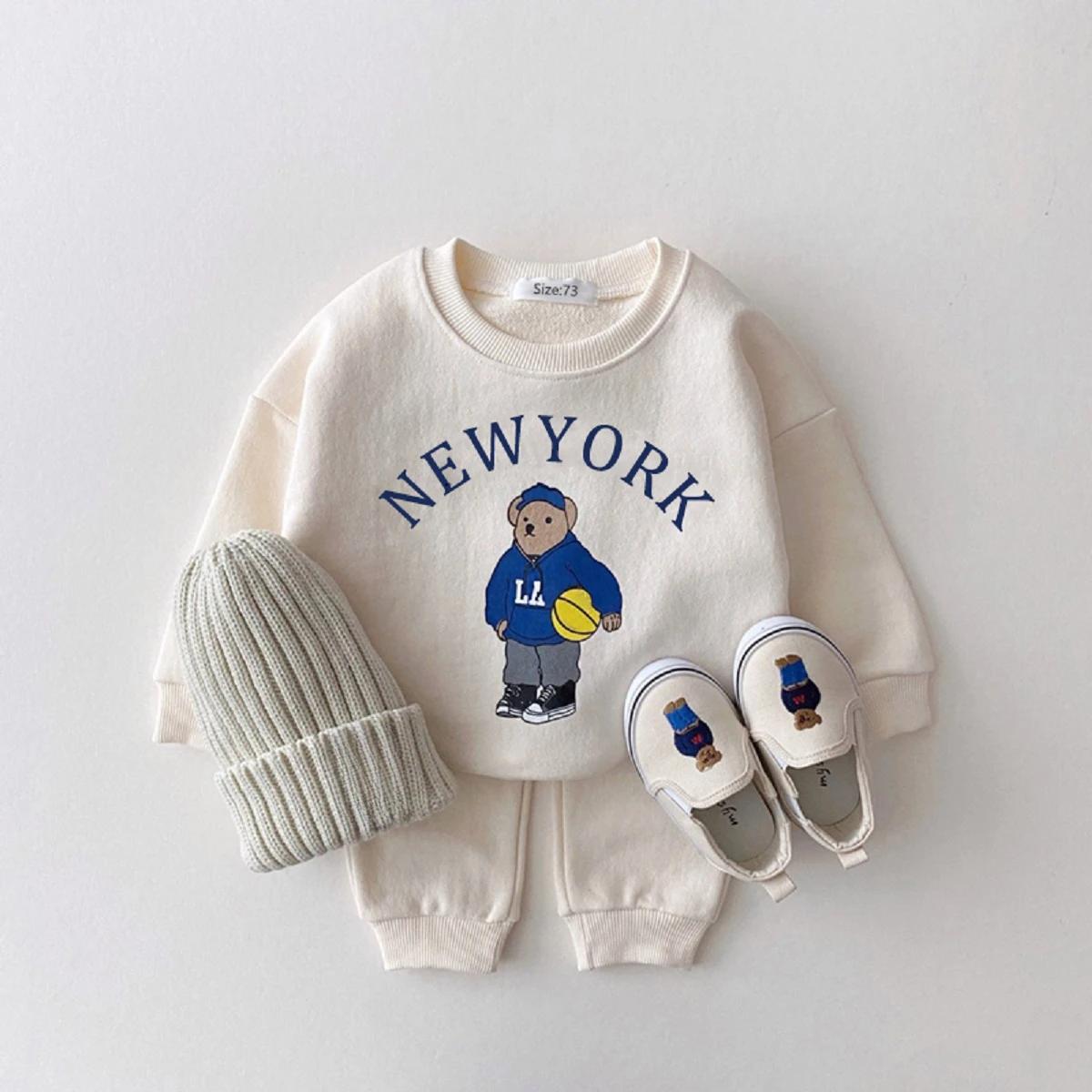 Ensembles de vêtements pour bébés garçons et filles, sweat-shirts à motif d'ours + pantalons de sport en coton simple, 2 pièces, vêtements pour enfants, nouveau costume pour garçon