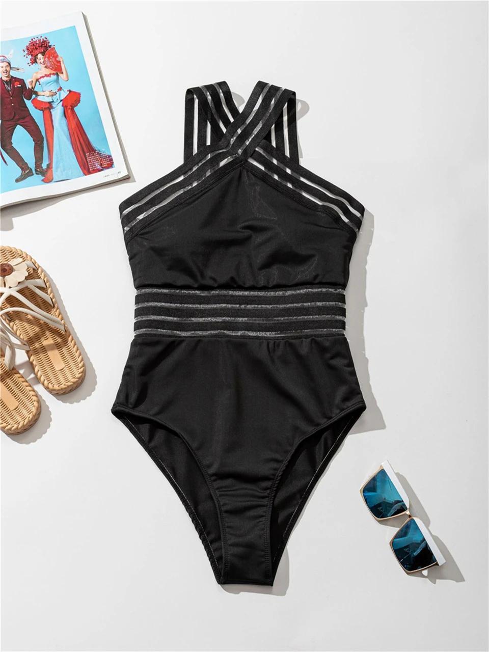 Maillot de bain une pièce bande maille unie - Sexy col haut croisé devant - Rembourré plage femme 2025