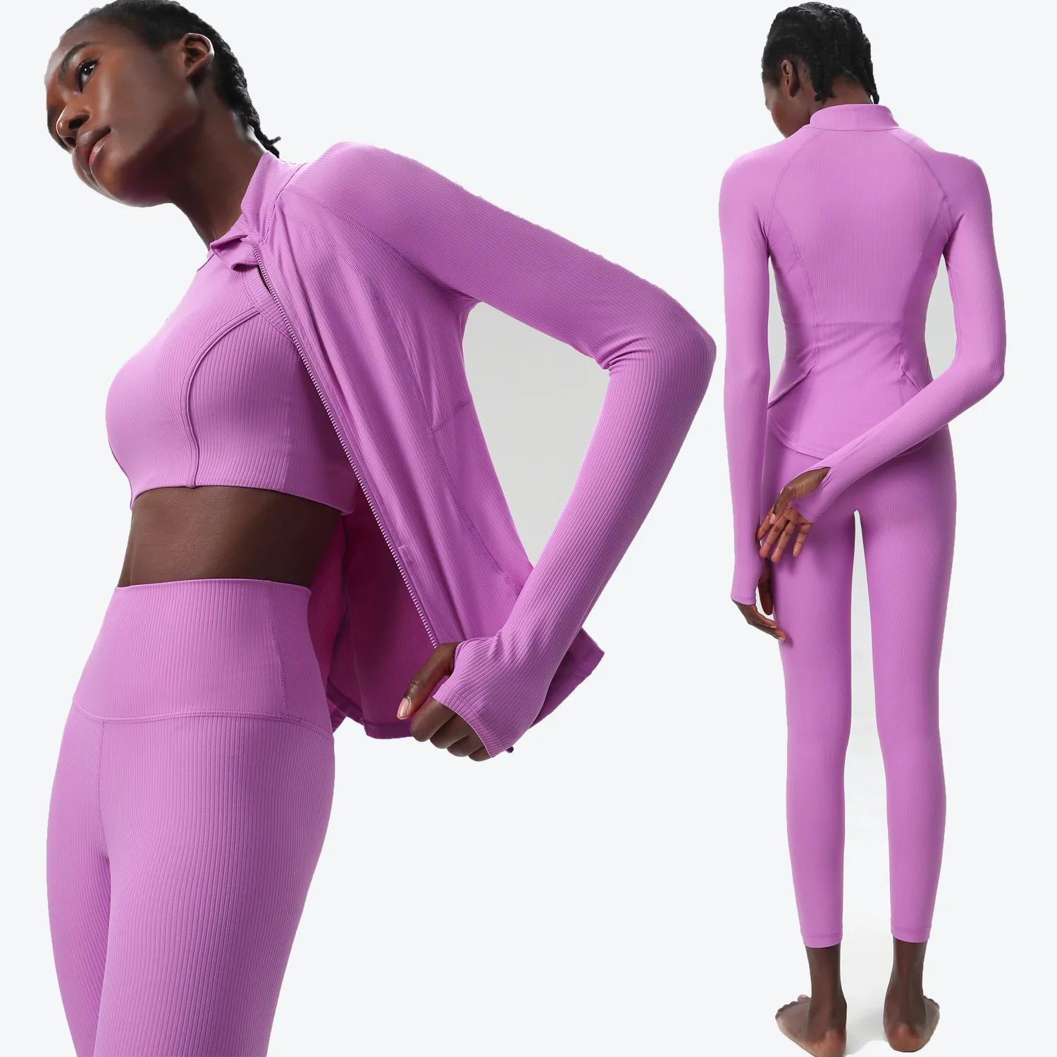 Ensemble yoga 3 pièces femme couleur unie côtelé - Combinaison manches longues respirante pour gymnastique et running