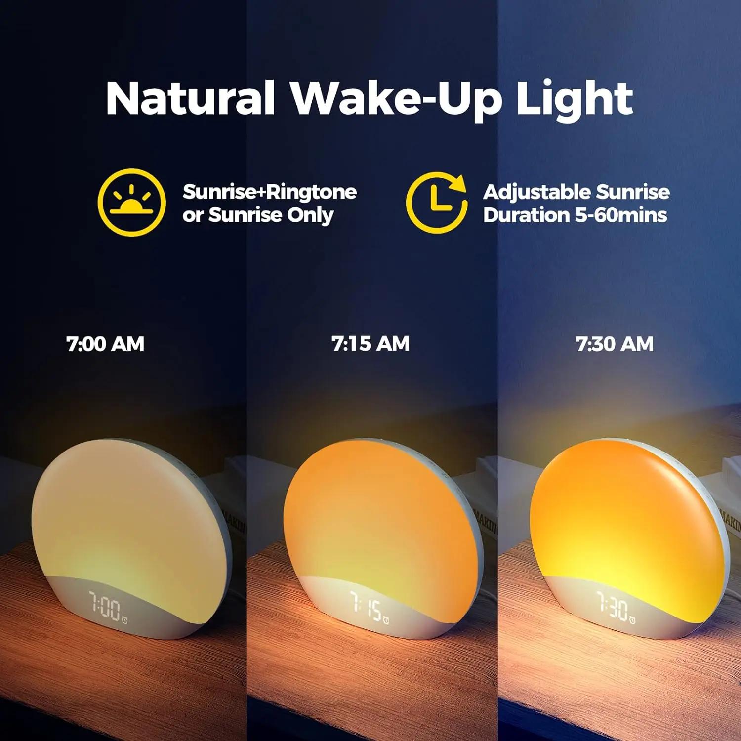 Réveil réveil lever du soleil réveil de Table réglable avec 3 anneaux 8 veilleuse 26 sons minuterie de sommeil veilleuse