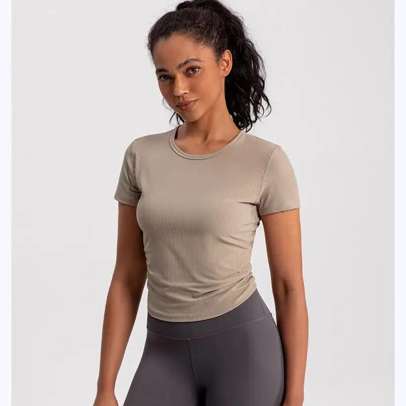 T-shirt de yoga sans coutures pour femmes - Haut sportif respirant manches courtes course