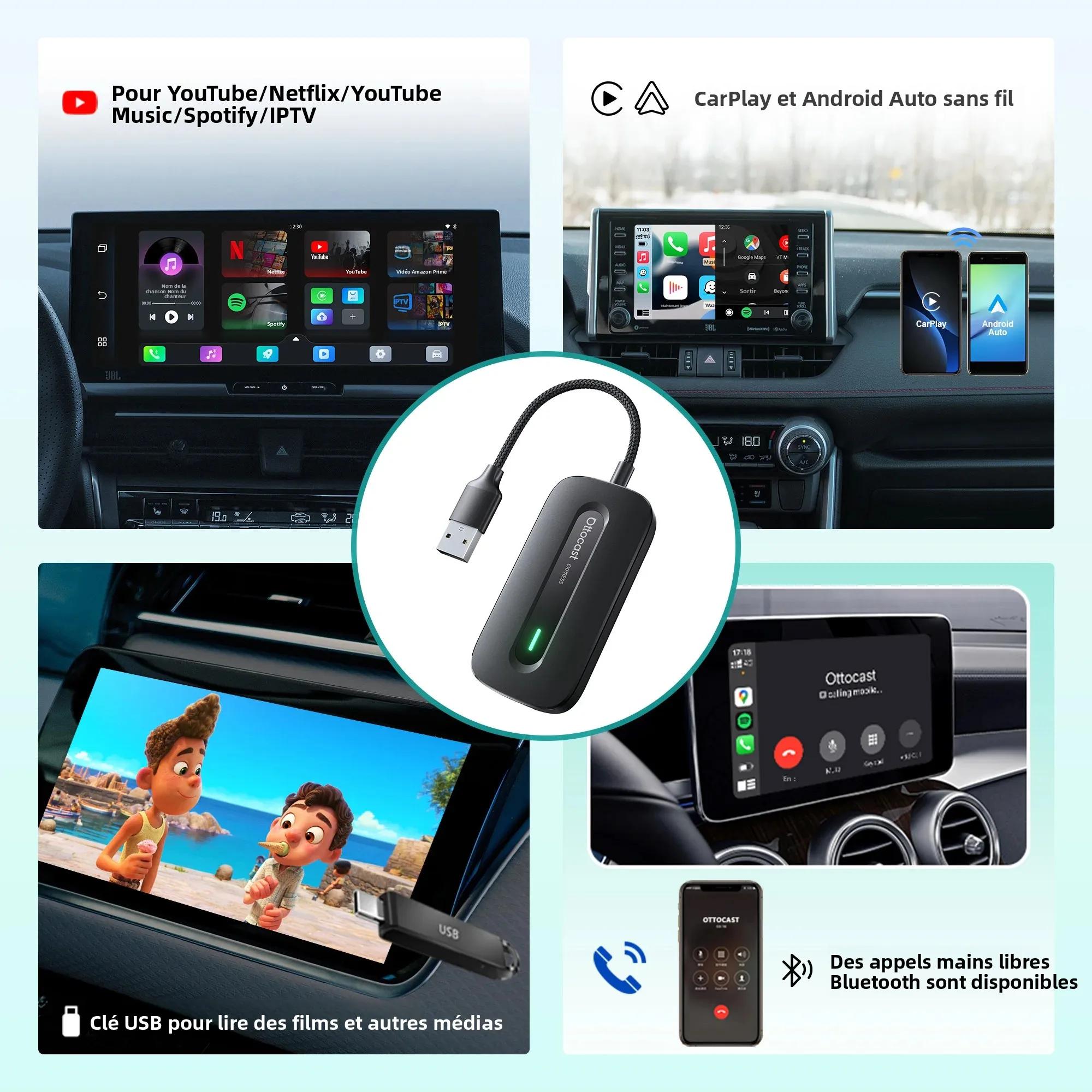 OTTOCAST Play2Video Express sans fil CarPlay sans fil Android Auto adaptateur pour Youtube Netflix lecture vidéo accesso