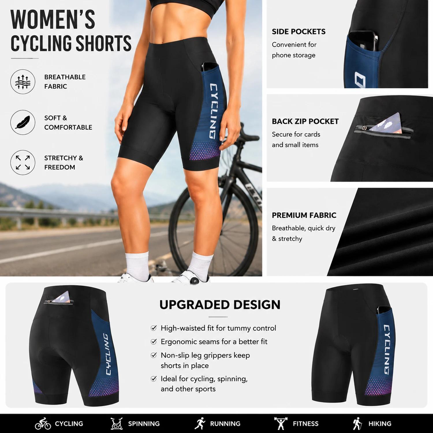 Shorts de cyclisme pour femmes avec coussin 3D, poche latérale, taille haute, pour l'entraînement et le fitness