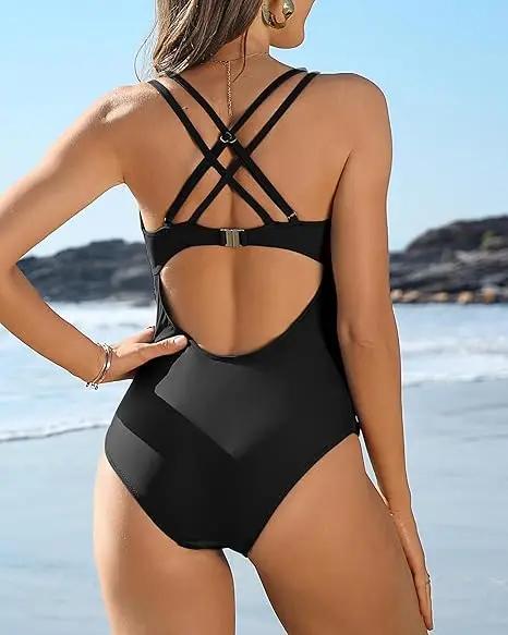 Maillot de bain une pièce Anfilia sexy col V femme - Monokini bretelles croisées dos