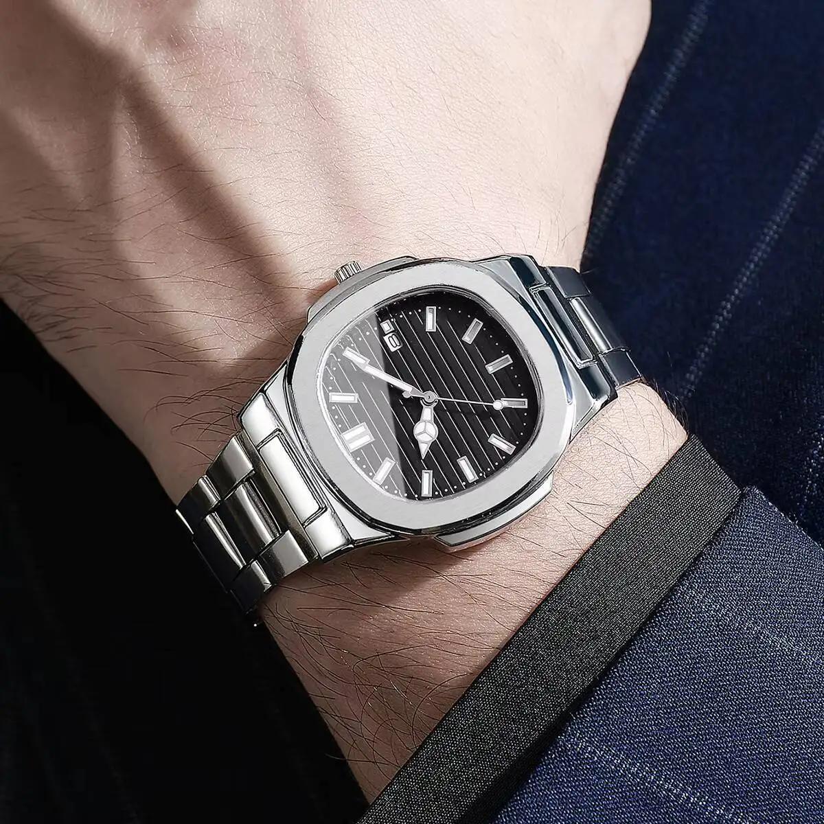 Montres d'affaires de luxe pour hommes, cadran carré, bracelet en acier inoxydable, montre à Quartz avec calendrier pour horloge pour hommes (sans boîte)
