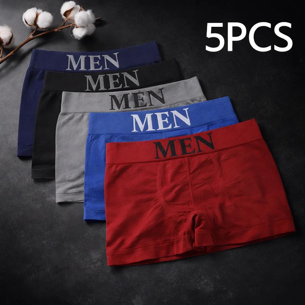 Boxer pour hommes, 5 pièces, sous-vêtements respirants à haute élasticité, short extensible en coton doux, culotte confortable de couleur unie