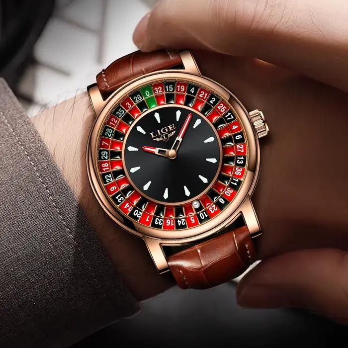LIGE mode cuir marron hommes montre cadran rotatif Las Vegas Roulette bureau thème montre hommes éta