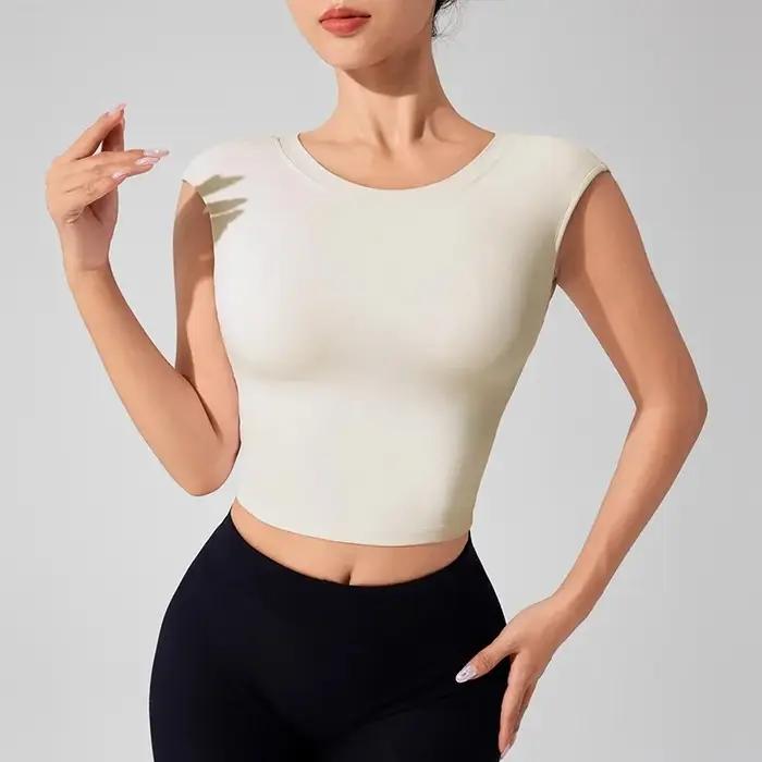 Haut de sport dos nu femme avec coussinets intégrés - T-shirt yoga fitness danse manches courtes confortable