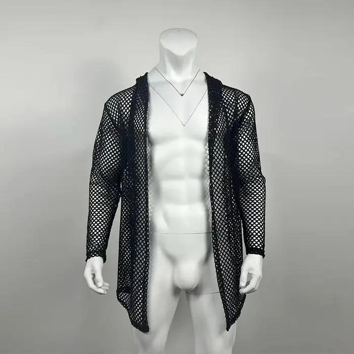 Hommes Sexy évider Long Cardigan grille chemises Streetwear mode Perspective à manches longues coule