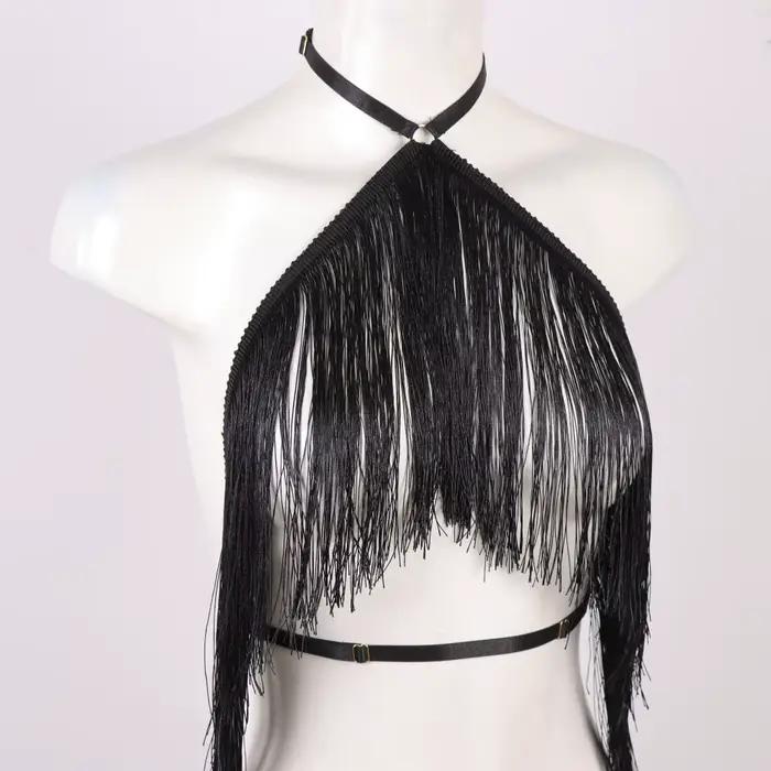 Haut licou à pampilles noires pour femmes, harnais élastique réglable, vêtements toutes saisons, hau