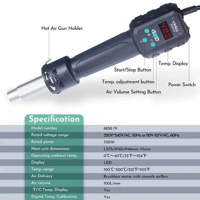 YIHUA-Micro odorà air chaud C/F, température couvertes 8858IV 700W, station de soudage, expédi, LCD,