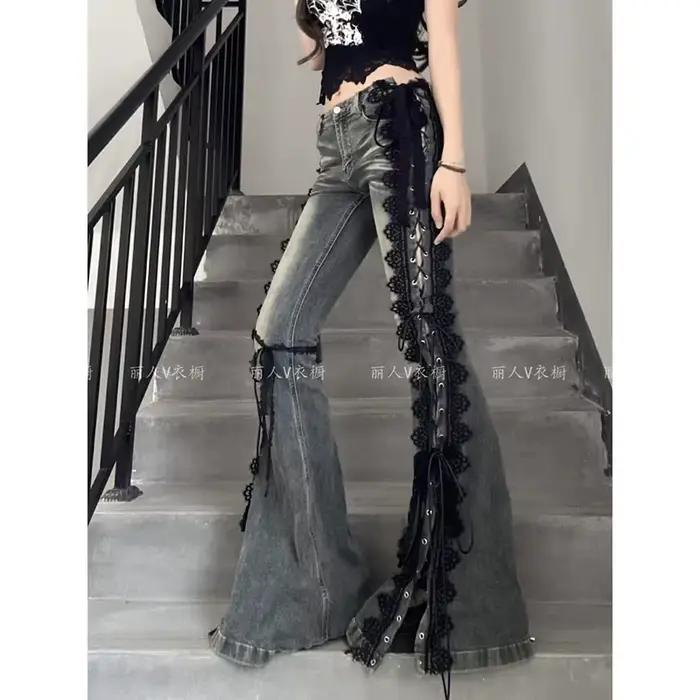 YIBASHU femmes Dark Academia Goblin Core Harajuku Y2K taille basse dentelle jean Abi Denim Flare pan