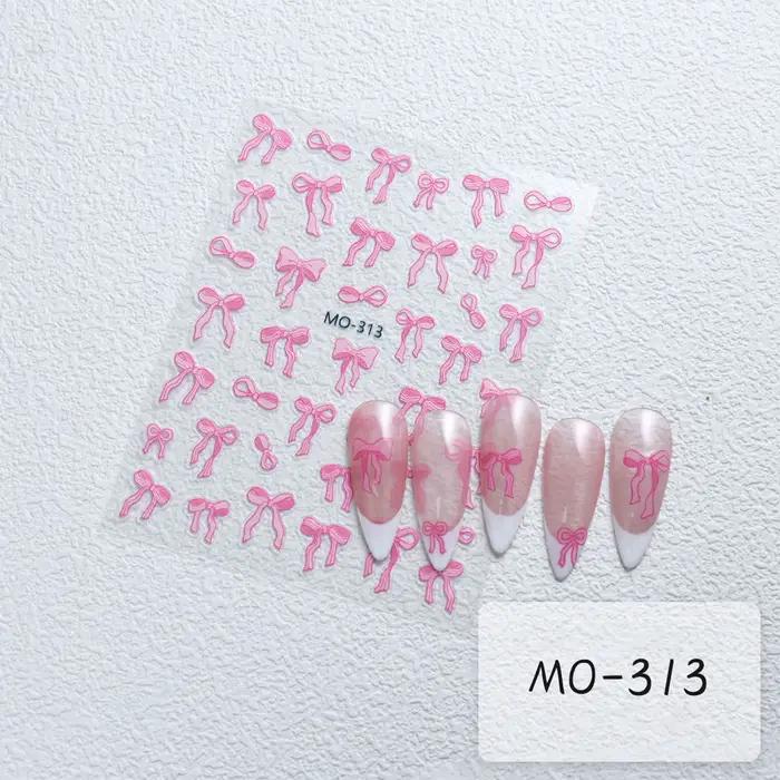 Autocollants pour ongles à nœud papillon, ruban blanc en Relief 3D, mignon, rose doux, autocollants
