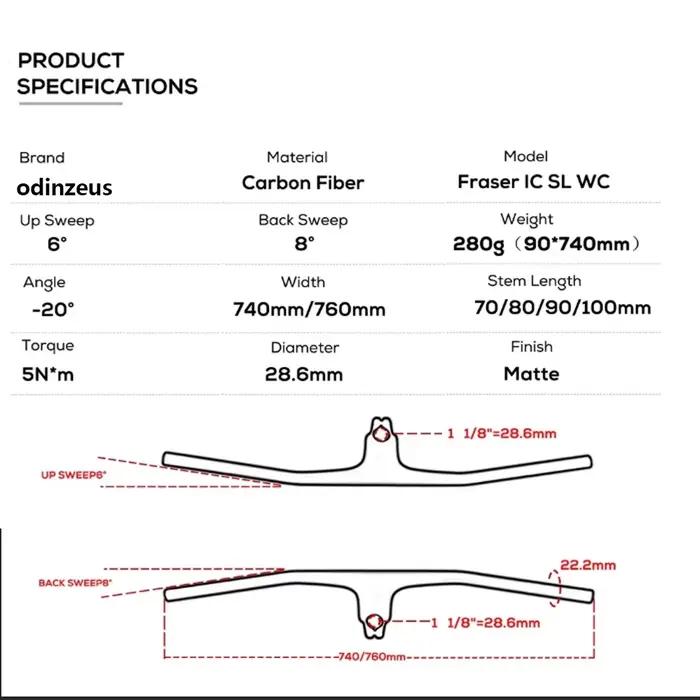 Guidon intégré pour VTT Full Carbon IC SL WC 740-780mm -20 ° Guidon de vélo de course BMX UD mat