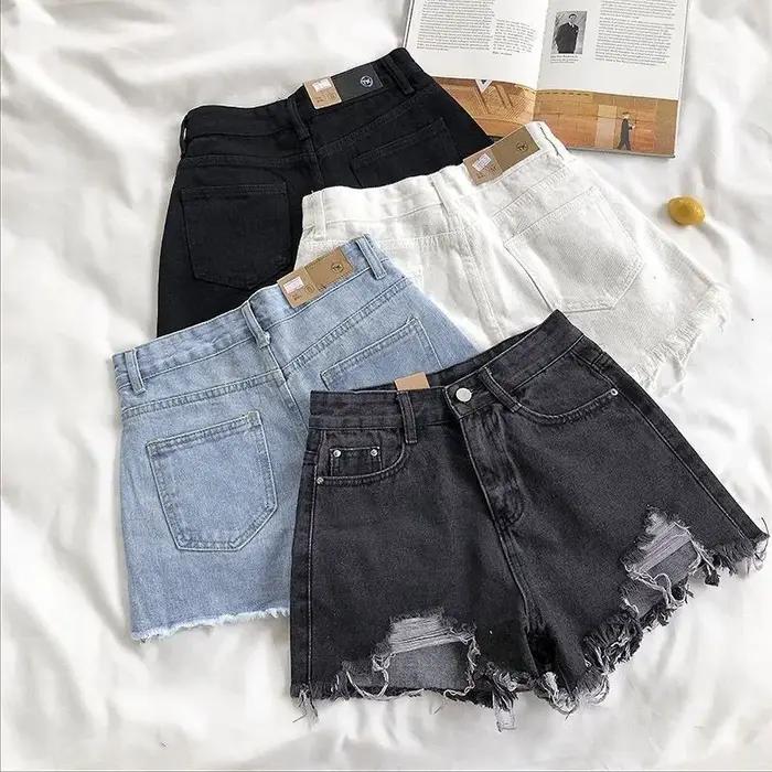 Short en jean déchiré taille haute pour femme, mode coréenne d'été, jean décontracté, poche, pompon,