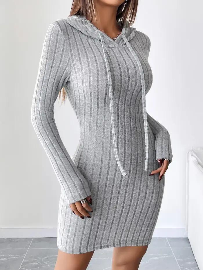 Robe ajustée à capuche tricotée côtelée à la mode avec cordon de serrage - Style décontracté confort