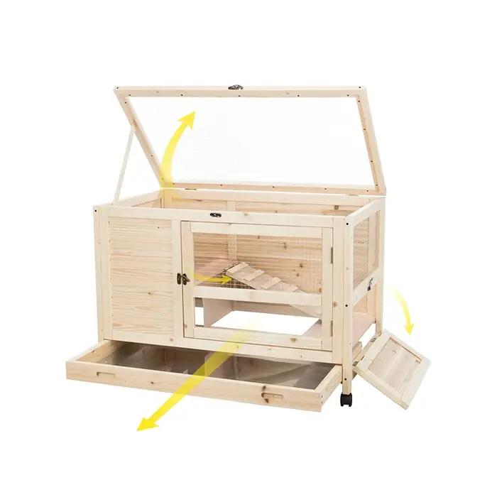 Lapin en bois à 2 niveaux pour l'extérieur, chalets avec rampe, roues, manipulation, mouvement, inst