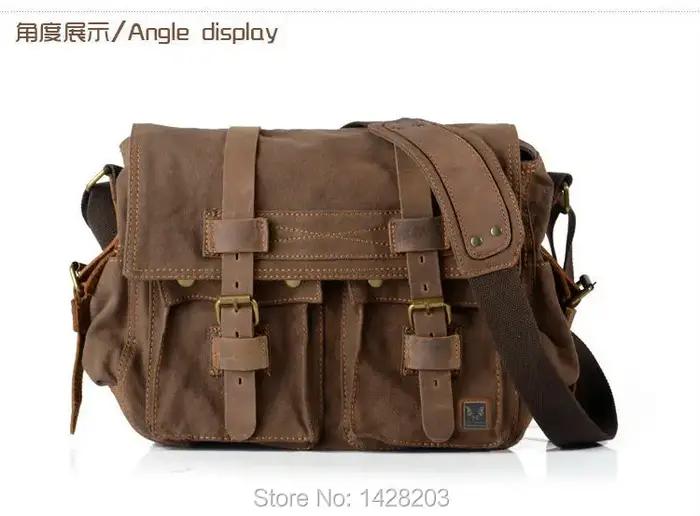 Rétro Vintage coton toile + cuir véritable hommes sac de messager sac à bandoulière militaire toile