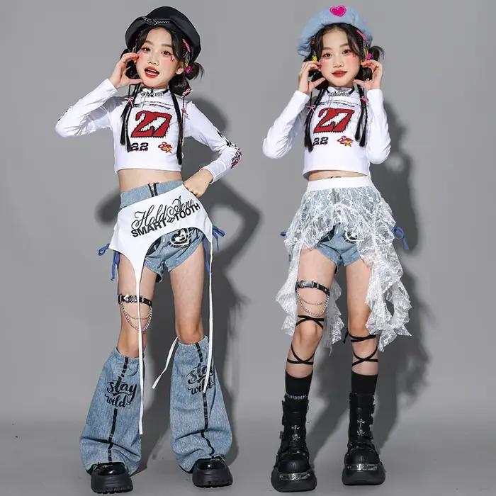 Vêtements de danse Kpop pour filles, tenue de spectacle de jazz sur scène, haut court blanc, short e