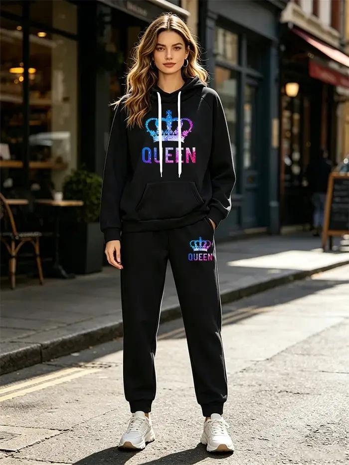 Survêtement pour femme imprimé Queen sweat-shirt à capuche pantalon décontracté vêtements de sport tendance automne hiver activité physique extérieure