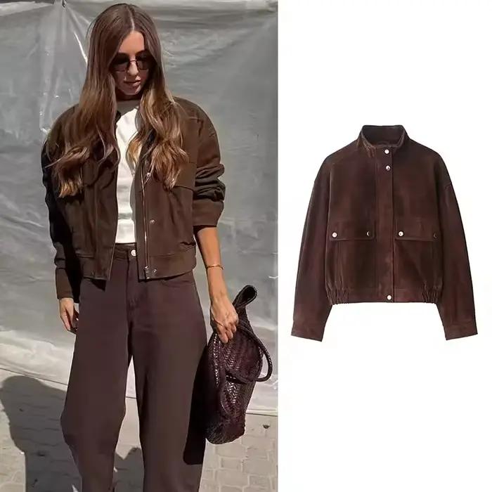 Femmes veste en cuir suédé avec poches automne mode col haut à manches longues bouton veste dame man