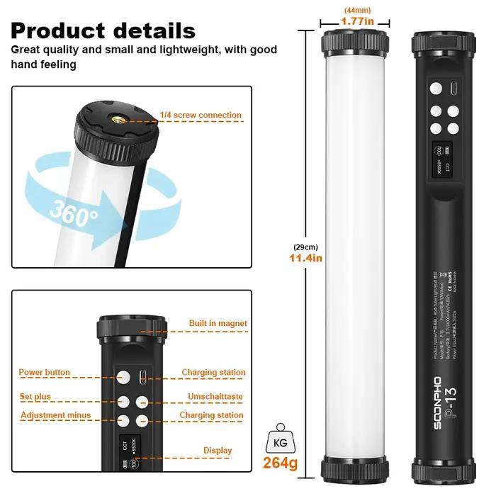 Soonpho P13 RGB Led bâton de lumière vidéo avec trépied 2500K-8500K CRI 95 + Studio de photographie