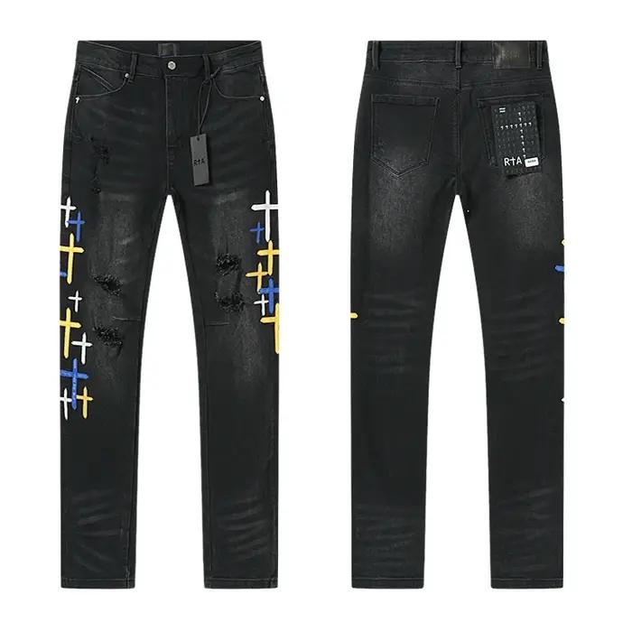 2025 nouveau trou de rayure détruit hommes haute rue coupe ajustée maigre noir clair broderie Denim