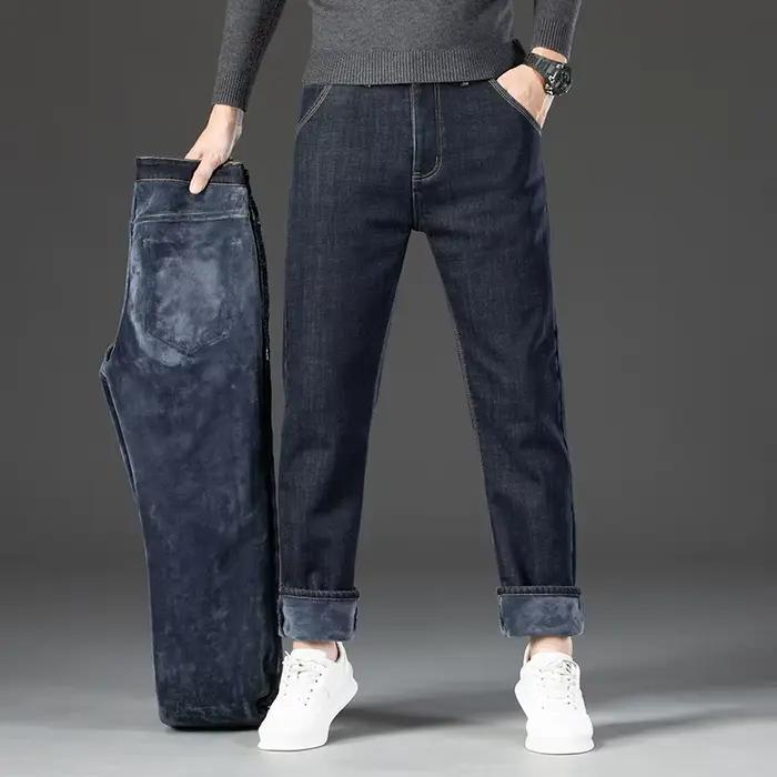 Hiver chaud polaire jean hommes épais thermique décontracté droit Denim pantalon mâle travail d'affa