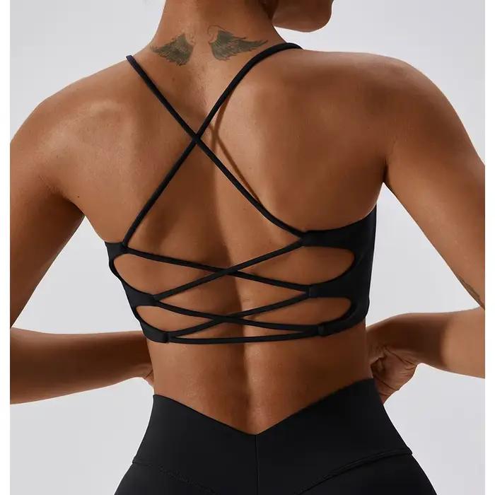 Soutien-gorge de sport en forme de U pour femmes, couleur unie, multi-sangle, dos croisé, Fitness, h