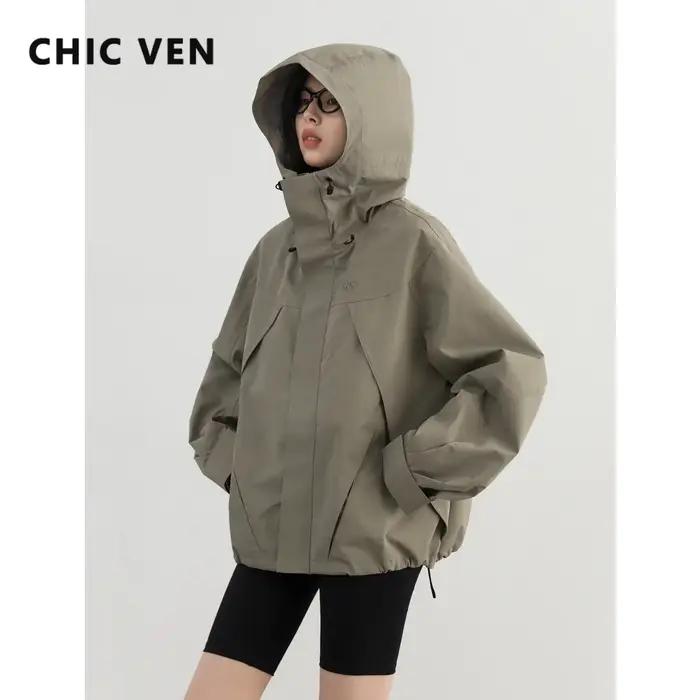 CHIC VEN-Veste de dehors à Capuche pour Femme, Manteau Court, Coupe-Vent, Solide, Extérieur, Automne