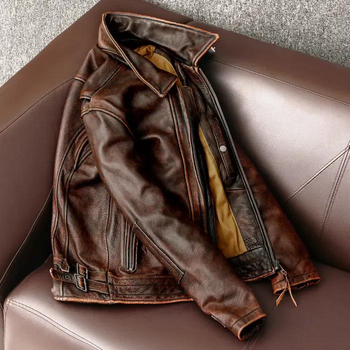 Veste en cuir à queue d'hirondelle pour hommes, haut de moto vintage, manteau en cuir de vachette, v