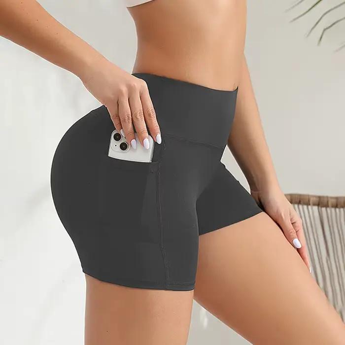 Short de yoga femme spandex taille haute avec poches pour entraînement confortable