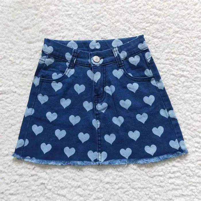 Jupe jean à poches pour enfants, élastique, réglable, amour, bébé fille, été, fermeture éclair, bleu