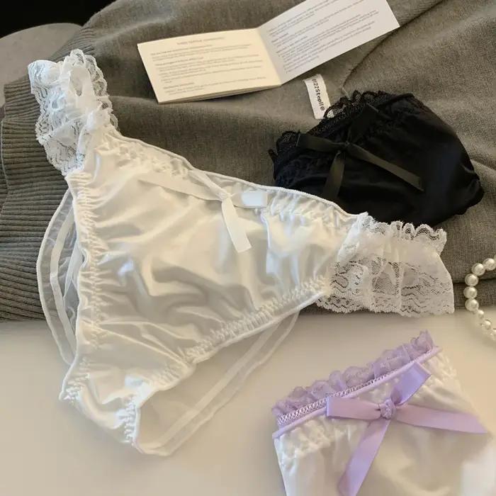 Lingerie Sexy pour femmes, taille basse, dentelle, à volants, culotte en Satin, maille respirante, s
