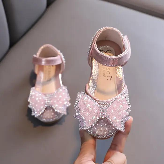 Sandales d'été plates de princesse pour filles, chaussures à paillettes avec nœud en strass, chaussu