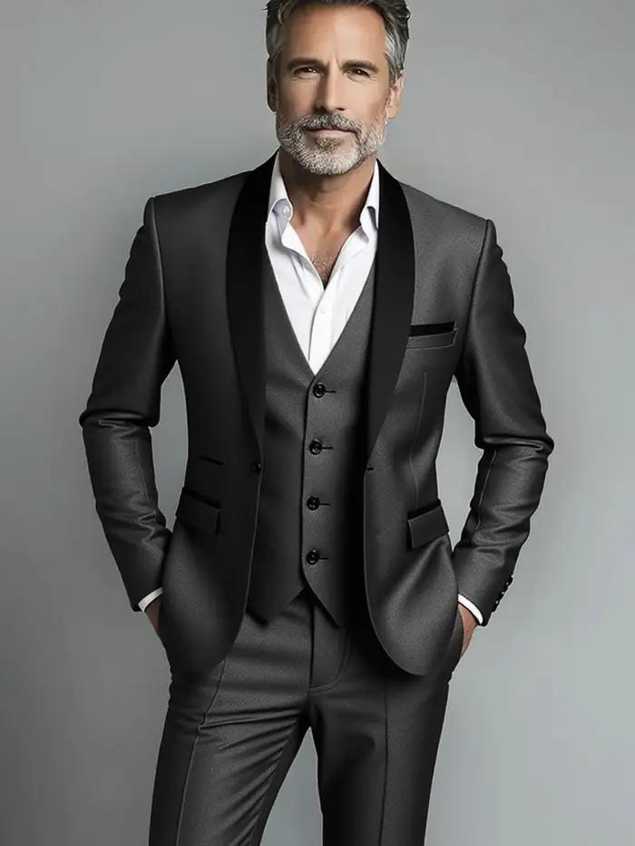 Costume (costume + gilet + pantalon) hommes d'affaires couleur unie mode minceur travail couleur uni
