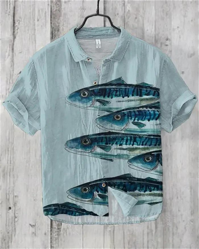 Chemise en lin-2025 été hommes revers à manches courtes T-shirt décontracté imprimé chemise élégant
