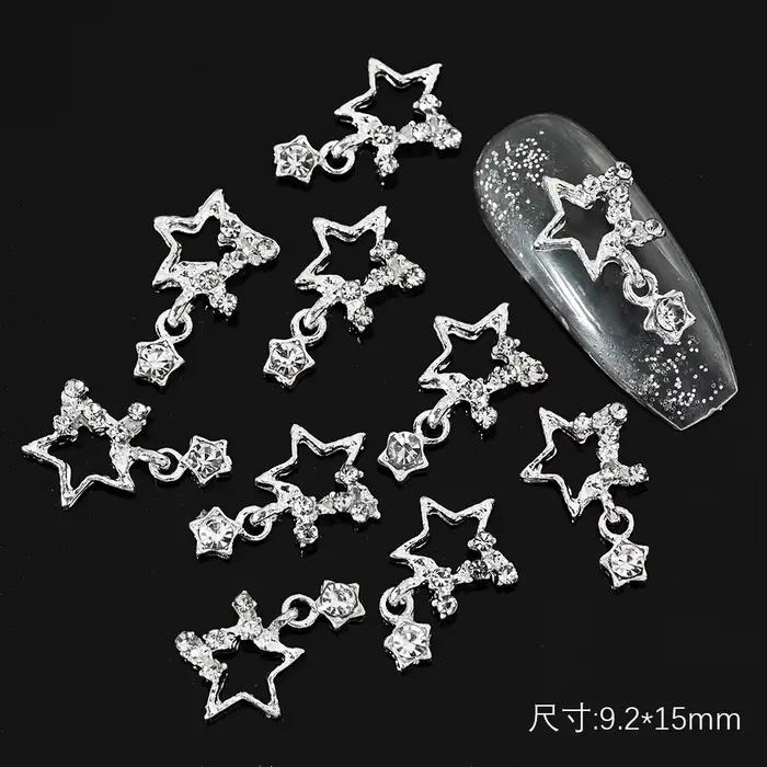 10 pièces 3D argent pentagramme étoile Nail Art alliage strass luxe métal étoile breloques ongles bi