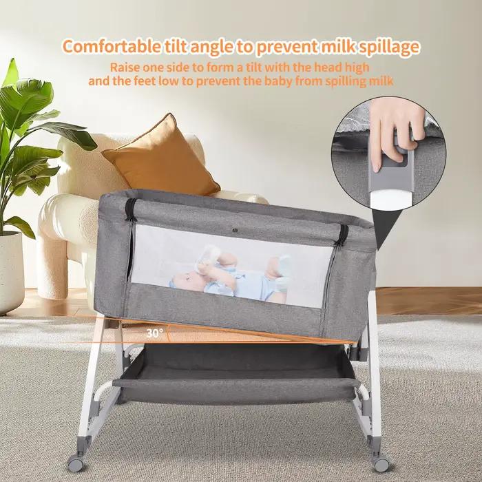 Lit d'appoint Cododo, 3 en 1, Lit de Bébé, Berceau avec Matelas, Hauteur Réglable 6 Niveaux, Inclina