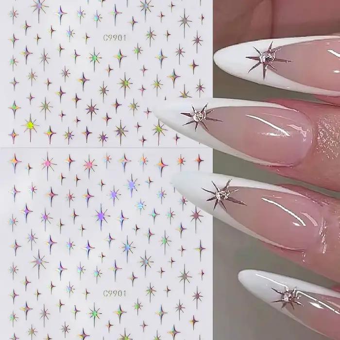 Autocollants pour ongles étoiles Laser 3D, 6 couleurs, miroir métallique doré argenté, décalcomanies