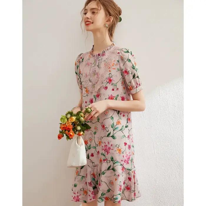 Modiis Yao-Robe florale brodée élégante, dentelle perlée, col rond, manches courtes, robe courte A-L