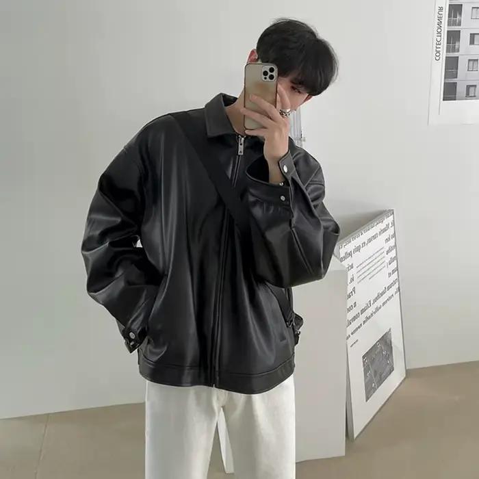 Veste en cuir PU noir surdimensionnée, col zippé, veste pour homme, style coréen, veste bomber décon