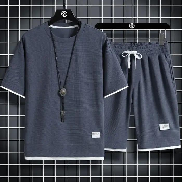 Ensemble de sport d'été pour hommes, T-Shirt + Short décontracté, couleur unie gaufrée, Short à manc